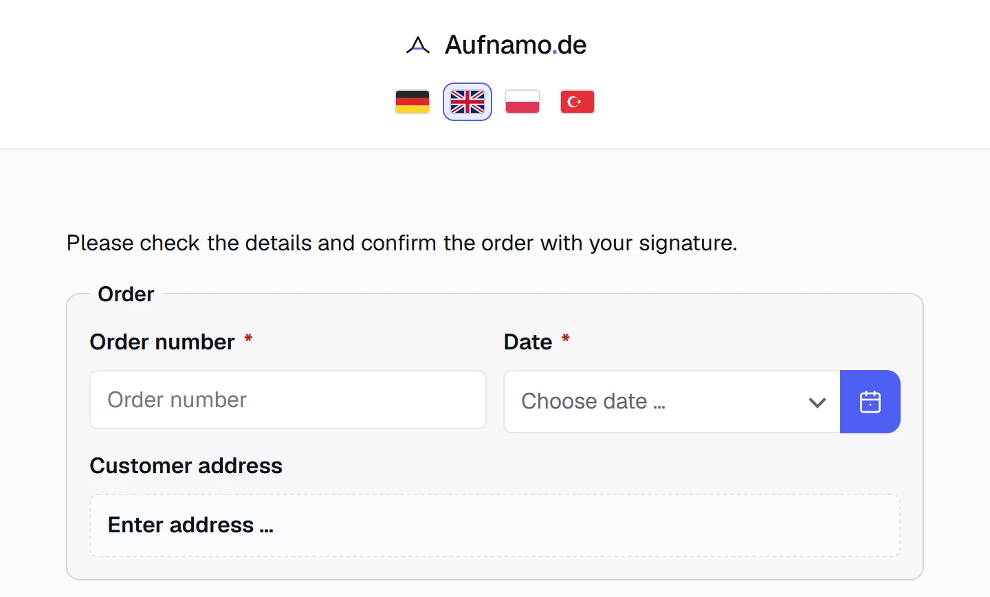 Ein öffentliches Formular auf Englisch mit Flaggen für Deutsch, Englisch, Polnisch und Türkisch