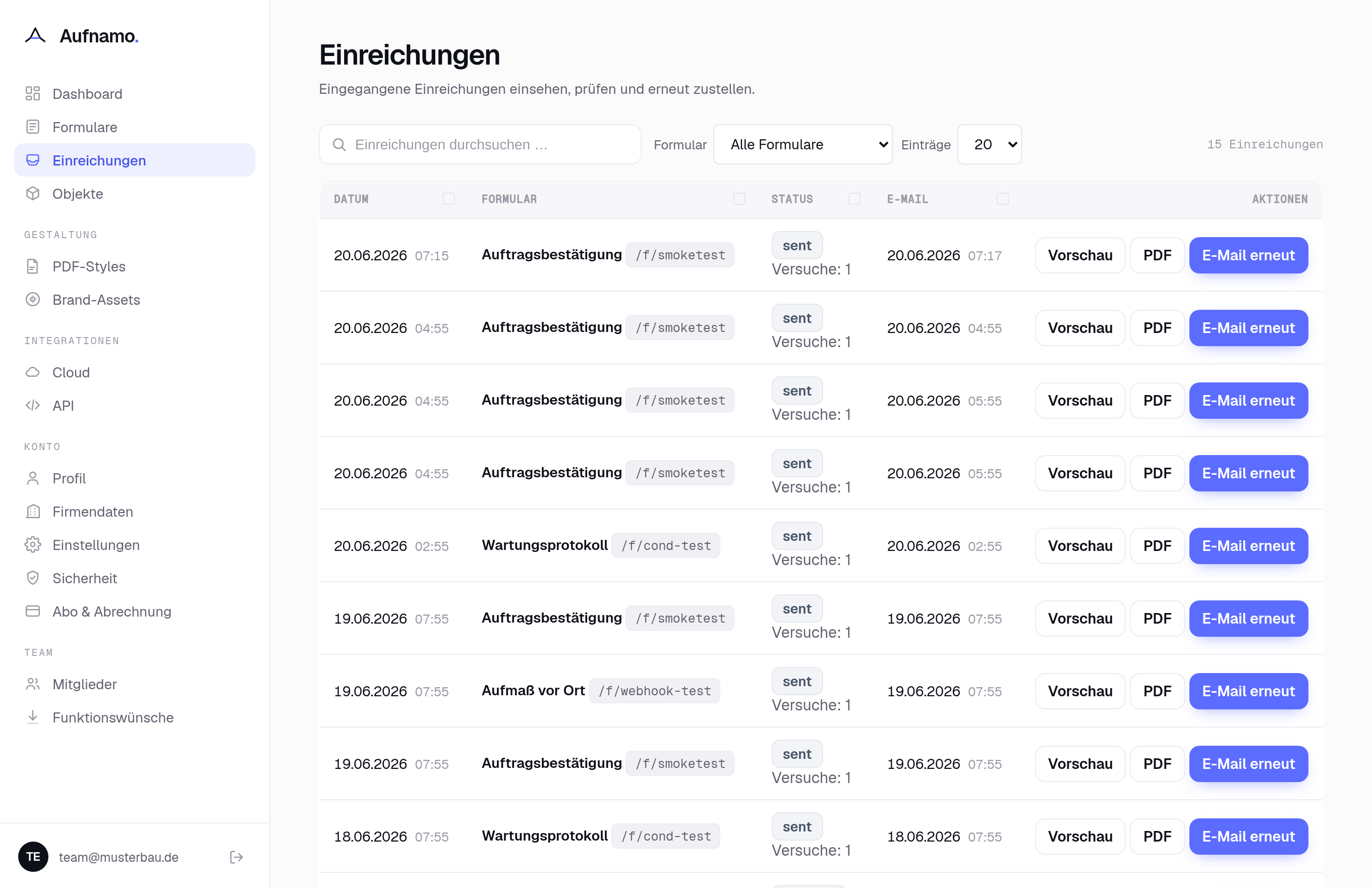Einreichungen-Übersicht in Aufnamo mit Formular-Filter, Status und PDF-Aktionen.
